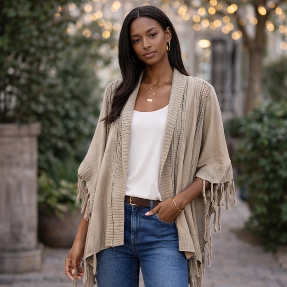 Chico's Jackets & Blazers - Chico’s Fringe Kimono Cardigan OS Boho Western Coastal Cowgirl Neutral Layerin
